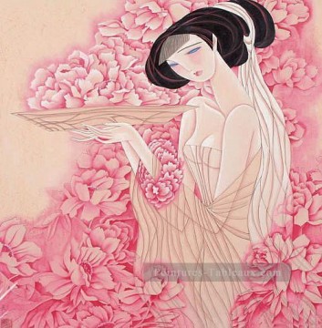 Feng cj Chinois fille rose Peinture à l'huile